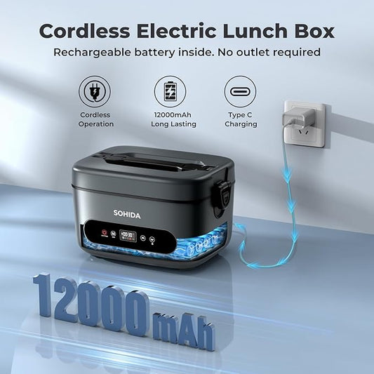 100W Cordless Electric Lunch Box for Adults & Men, Rechargeable Battery Powered Heated Lunch Box, 1.2L Portable Food Warmer Lunchbox with 5-Sided Heating for Work Car Outdoor Use