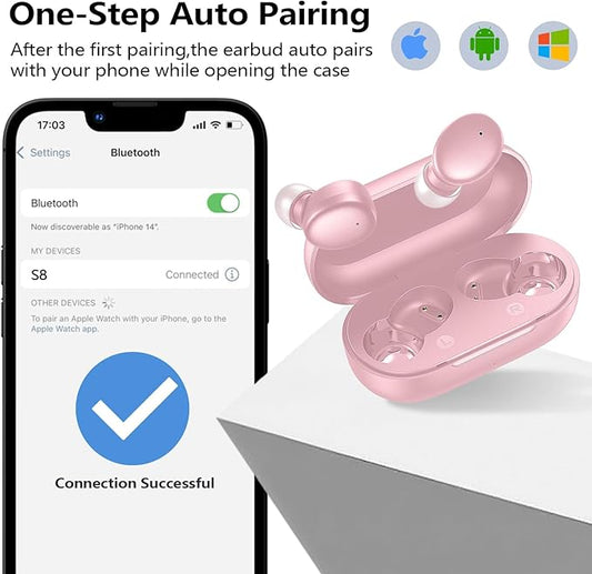 kurdene Wireless Earbuds Bluetooth 5.3 in Ear Buds Light Weight Headphones,Deep Bass Sound,Built in Mics Headset,Clear Calls Earphones for Sports Workout Pink