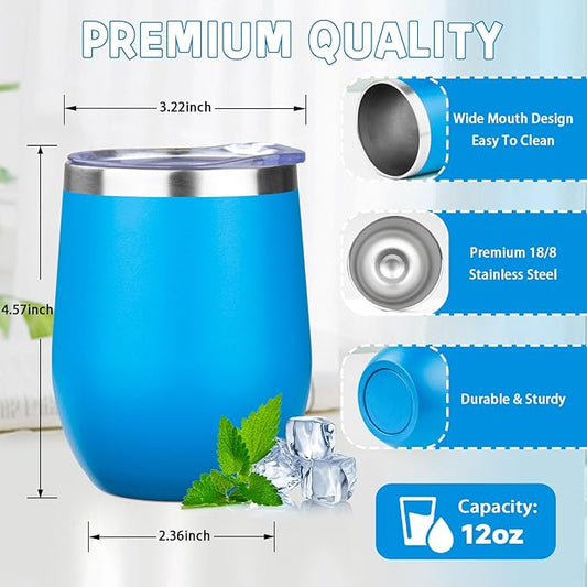 12oz/4 Pack Stainless Steel Wine Tumbler with Lid and Straw, Double Wall Vacuum Insulated Wine Tumbler Glasses, Stemless Travel Mugs for Hot and Cold Drinks, Coffee, Wine, Cocktails