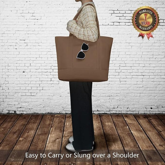 TOPDesign 3-Pack Canvas Tote Bags with an External Pocket, Reusable Grocery Shopping Bags, Top Zipper Closure, Daily Essentials (Brown)