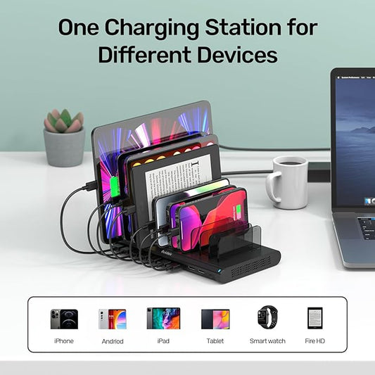 120W 10 Ports USB C Charging Station, Multiple Charging Station for Multi Devices, Device Charging Stations with Type C & QC3.0 Ports & Adjustable Dividers Compatible with Phone, Tablets