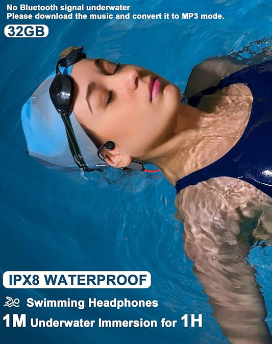 Swimming Waterproof Bone Conduction Headphones Bluetooth 5.3 lPX8 Underwater Waterproof Headphones for Swimming with 32GB MP3 Player Built in Earbuds for Sport Running Cycling Gym (Redblack)