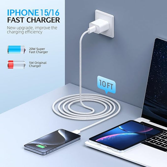 Fast Charging iPhone 17 16 15 Charger,2Pack 10 FT Long USB C Charger woven Cord with 20W USBC Fast Charger Block for iPhone 17/17 Air/17 Pro/17 Pro Max/16/16 Pro/16 Pro Max/15/15 Pro Max/Plus/iPad Pro