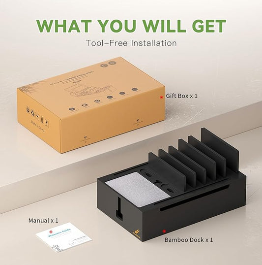 Pezin & Hulin Bamboo Charging Station, Electronic Devices Organizer for Multiple Devices Charger Such As Cell Phone, Tablet, Watch and More, Blackl, (No USB Charger and Cables