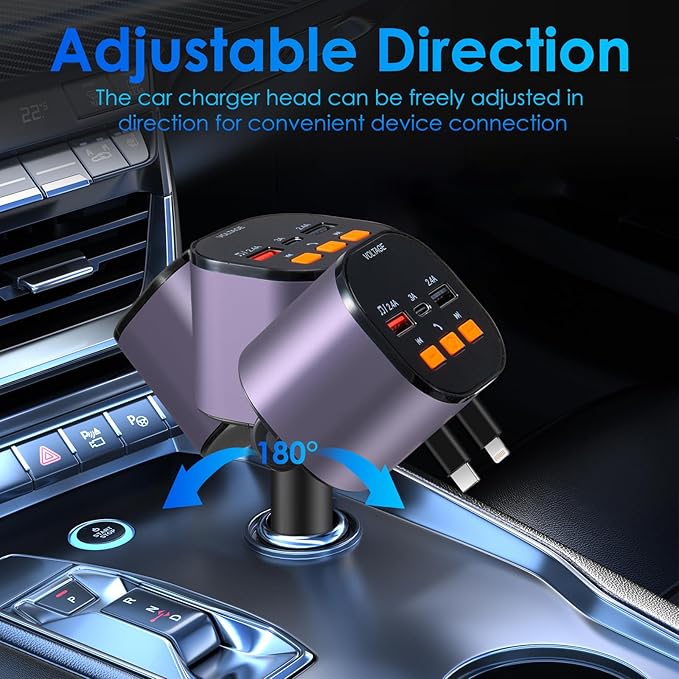 Retractable Car Charger,5 in 1 Fast Cars Phone Charger 90W,Bluetooth 5.3 FM Transmitter Adapter,Handsfree Call,2 Retractable Cables and USB Chargers for iPhone17/ 16/15/14/13/Samsung