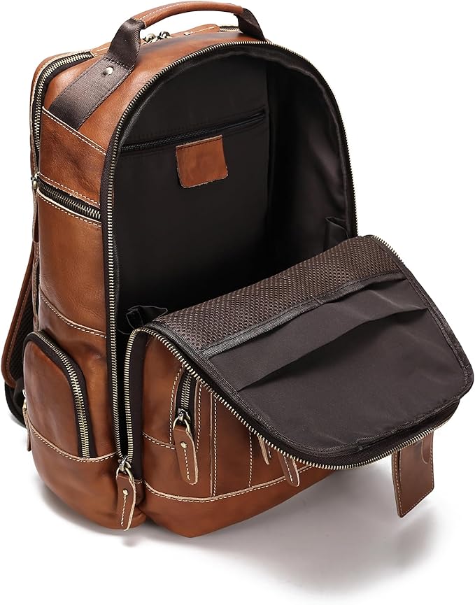 LANNSYNE Vintage Genuine Leather Backpack for Men, 15.6" Laptop Backpack Camping Travel 24L Rucksack