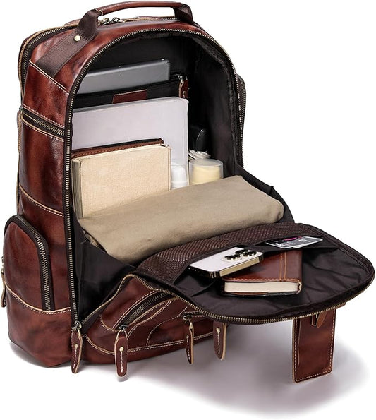 LANNSYNE Full Grain Leather Backpack For Men, Fits 16" Laptop, Coffee