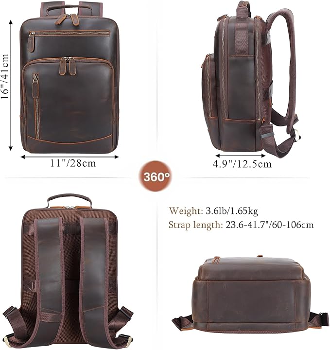 TIDING Full Grain Leather Backpack for Men, Vintage 15.6 Inch Laptop Bag Casual Bookbag Work Business Daypacks