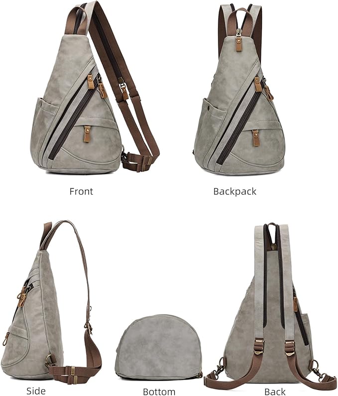 KL928 PU Leather Sling Bag - Small Crossbody Backpack Shoulder Casual Daypack Rucksack for Men Women Outdoor Cycling Hiking Travel (6881-PU-Leaden)