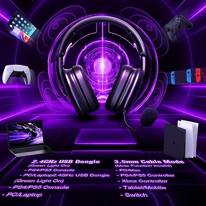 TA82 Wireless Gaming Headset with Detachable Noise Canceling Microphone for PS5 PS4 PC, 2.4GHz USB Gamer Headphones with 7.1 Surround Sound, Memory Foam Ear Pads