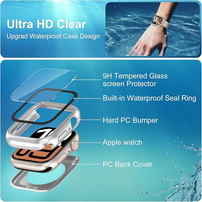 3 in 1 Waterproof Case for Apple Watch Screen Protector 41mm Series 9 8 7 Accessories Built-in Tempered Glass Film,Front and Back PC Hard Bumper 360° Protective Face Cover for iWatch 41mm