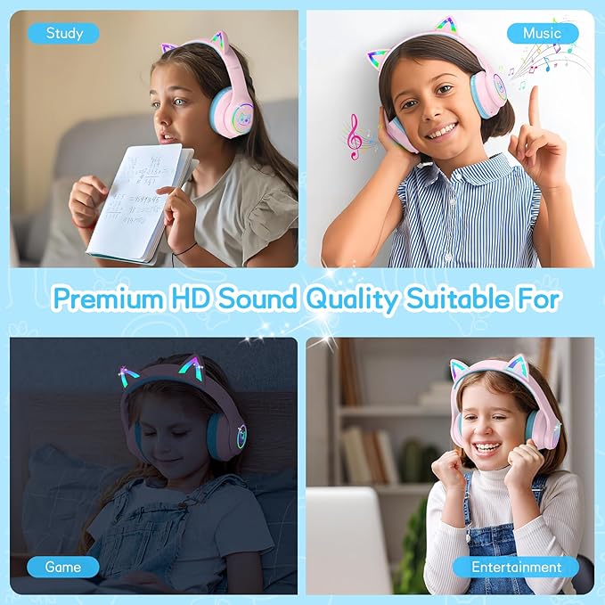 LOBKIN Kids Bluetooth Headphones,Over Ear Kids Headphones Wireless with Mic 50H Playtime Colorful LED Lights AUX Cord 94dB Safe Volume Limited Foldable Design for Boy Girl Travel/School/iPad