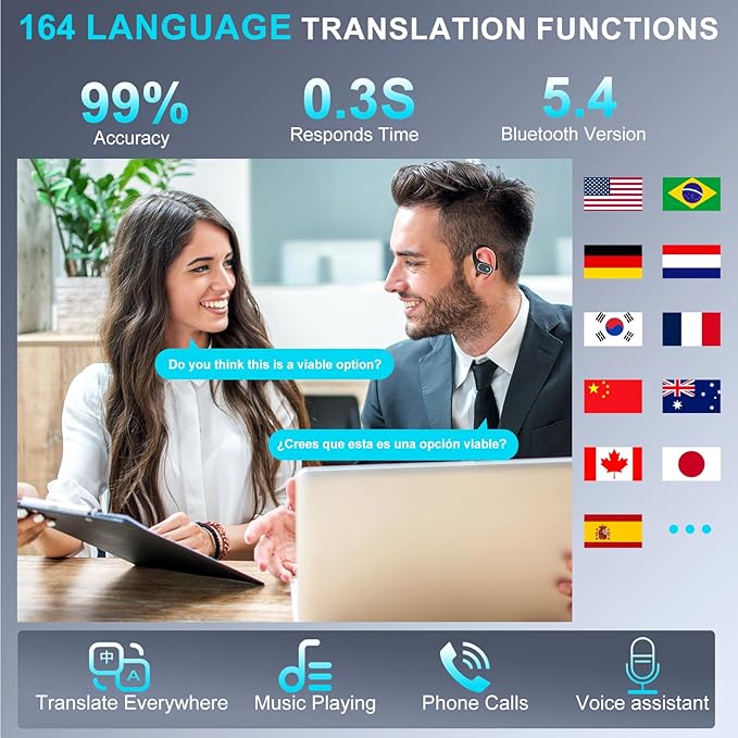 Translation Earbuds, 164 Languages Ai Translation Earbuds Real Time, Bluetooth 5.4 Translator Device,Noise Cancelling,70 Hours Battery, Translation Headphones for Travel&Business&Study, Black