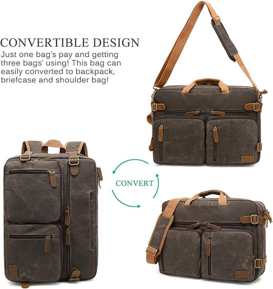 Laptop Messenger Bag Vintage Shoulder Bag Convertible Backpack Retro Briefcase Versatile Travel Bag Fits 17.3 Inch Laptop For Men Business (Waxed Canvas Brown)