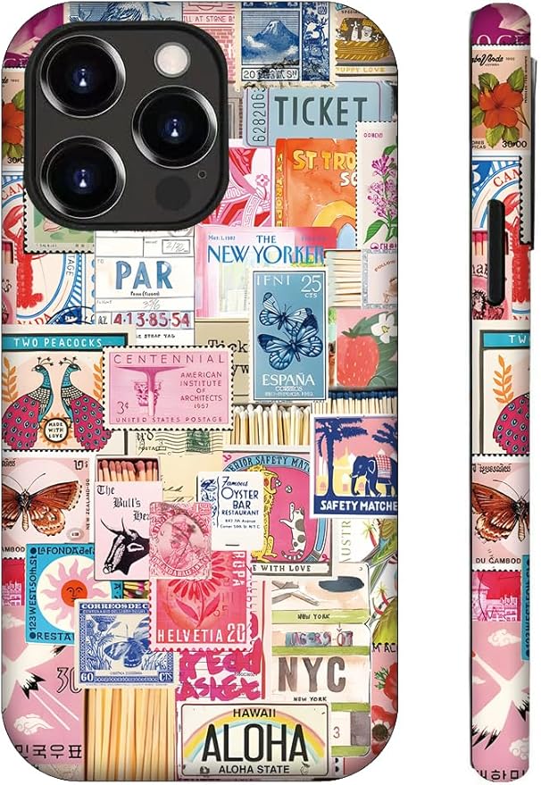 Generic Case Compatible with iPhone 12/12 Pro,Vintage Stamps Collage Phone Case for Girl Women,Durable Protection Case