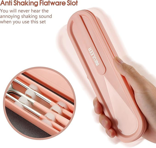 Travel cutlery set, 18/8 stainless steel cutlery, Reusable utensils set with case, Portable Silverware Lunch Box for Camping and Office(Pink)