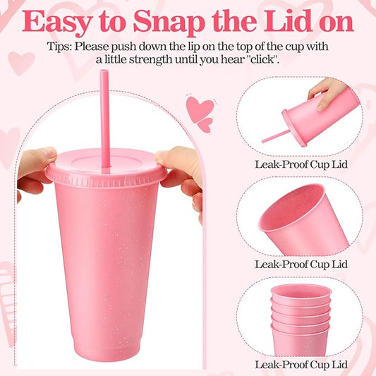 Honeydak 60 Pack Tumbler with Straw and Lid Bulk Glitter Plastic Cups Water Bottle Iced Coffee Travel Mug Reusable Party Favor Cups for Birthdays travel 24-27 oz (Light Pink)