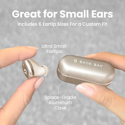 Back Bay Audio Tempo 30 Wireless Earbuds for Small Ears - Award-Winning Sound, Sweatproof Bluetooth Earbuds, Comfortable Ear Buds for Women, Gold Earphones Small Ear Canals, Long Battery Headphones