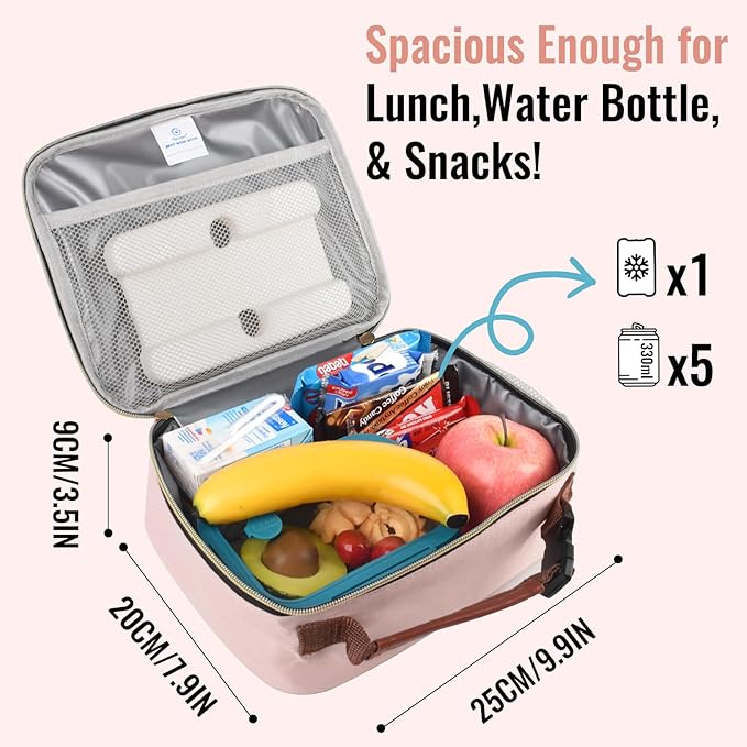 Genteen Lunch Box for Women Adults Girls - Insulated LunchBox Reusable, Zip Closure & Buckle Handle, Portable Cooler for Work, School, Travel (Pink)