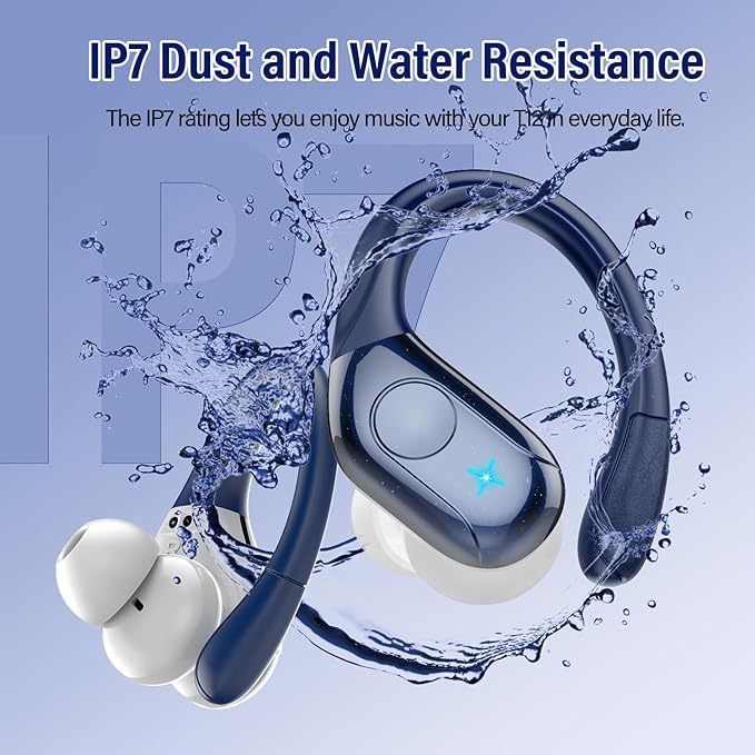Wireless Earbuds Bluetooth Headphones Stereo Deep Bass Sports Ear Buds with Earhooks, Bluetooth Earbuds, LED Display, IP7 Waterproof Earphone, Dark Blue