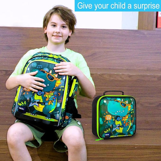 Boys Backpack, 16" Dinosaur Kids Bookbag with Lunch Box, 3Pcs Dino School Backpacks for Elementary Preschool Kindergarten (Green)