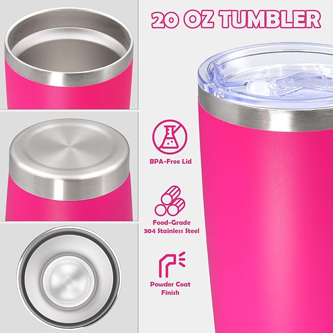 20oz Tumbler Bulk Stainless Steel Tumbler Cup with Lid Vacuum Insulated Double Wall Travel Mug, Durable Powder Coated Travel Coffee Tumbler Mug for Hot & Cold Drinks, Hot Pink,8 Pack