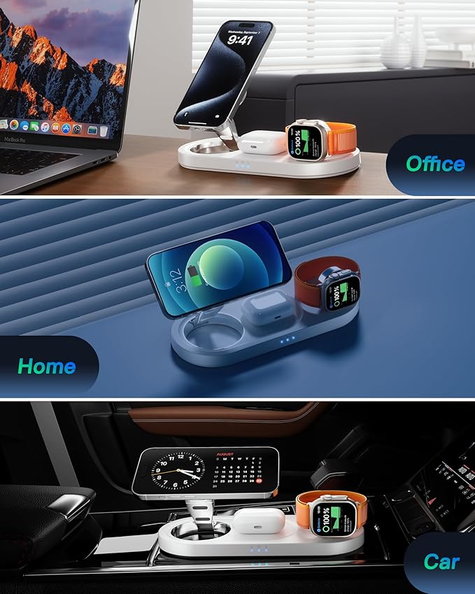 Upgraded 3 in 1 Wireless Charging Station for Apple Devices, Faster Mag-Safe Charger Stand, Magnetic Charger Station for iPhone 16/15/14/13/12 Series & AirPods Pro & Apple Watch Series (White)