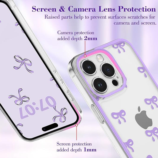 EYZUTAK Case for iPhone 13 Pro Max, Clear Cute Ribbon Bowknot Pattern Aesthetic Transparent Phone Case Raised Camera Protection Stylish Slim Soft Durable TPU Protective Cover for Women Girls - Purple