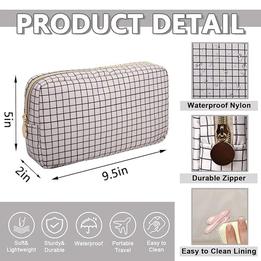 Small Makeup Bag Pouch for Purse,Nylon Travel Toiletry Storage Bag Preppy Checkered Cosmetic Bag for Women Girls,Waterproof Makeup Organizer Bag Pouch Skincare Bag with Zipper (Small-Checkered)