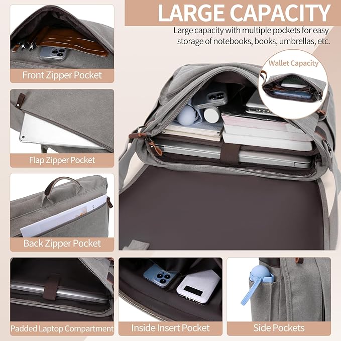 Nerlion Messenger Bag for Men 17-17.3 Inch Laptop Bag Canvas Water-resistant Computer Bag Shoulder Bag Work Briefcase Bookbag for College (Light Gray)