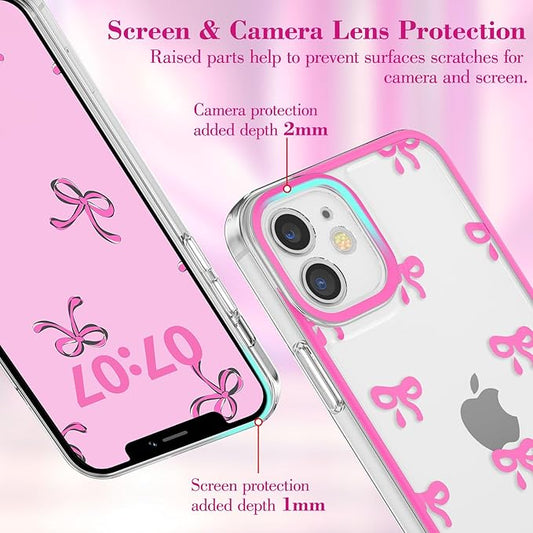 EYZUTAK Case for iPhone 12, Clear Cute Ribbon Bowknot Pattern Aesthetic Transparent Phone Case Raised Camera Protection Stylish Slim Soft Durable TPU Protective Cover for Women Girls - Rose Red