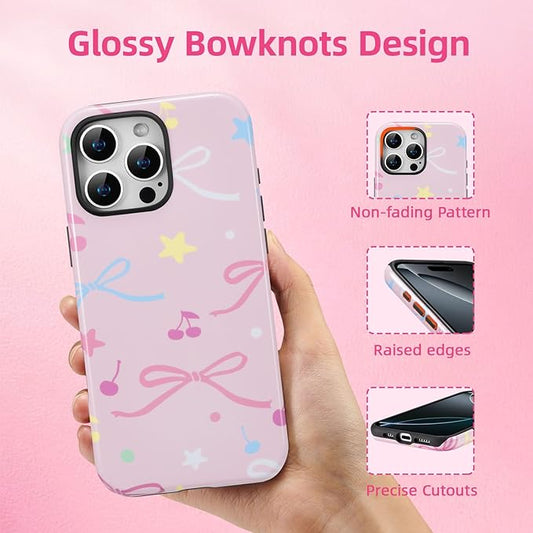 QLTYPRI Case for iPhone 15 Pro Max, Aesthetic Colorful Bow Cherry Stars Phone Case for Girls Women, Protective Hybrid 2-Layer Hard Shell Silicone Cover Durable Shockproof Phone Cover - Pink