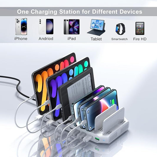 Multiple Device USB Charging Station, 10 Ports Charging Station for Multiple Devices, USB Charging Dock with Adjustable Dividers Compatible with Tablets, Smartphones-60W