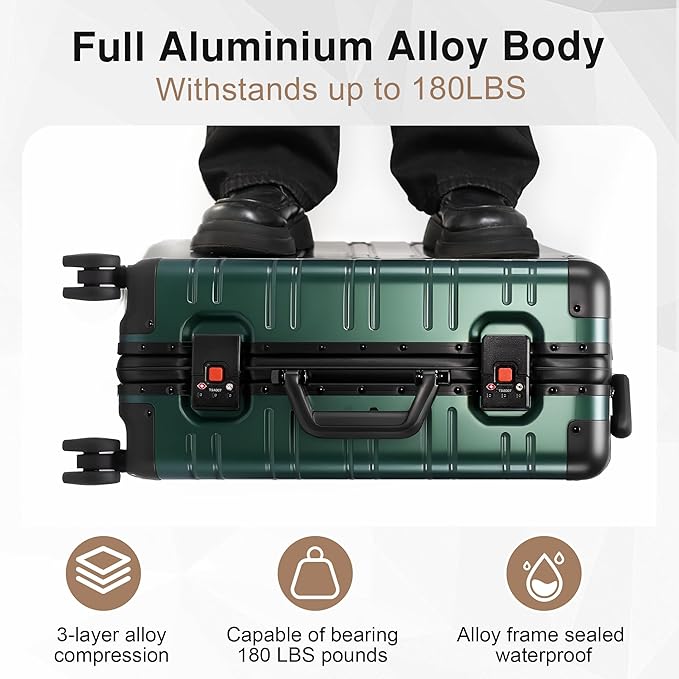 All Aluminum Carry On Luggage 22x14x9 Airline Approved,Zipperless Luggage Premium Aluminum Suitcase Luggage, Hard Shell Carry On Luggage with Spinner Wheels (dark green, 20inch)