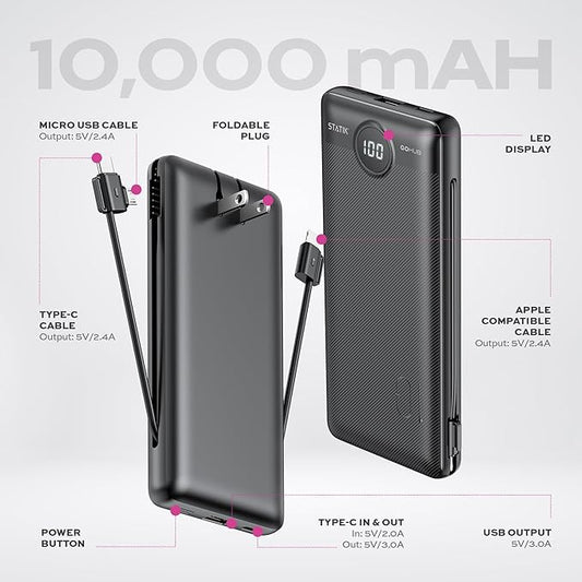 Statik GoHub Slim Portable Charger with Wall Plug, Portable Charger Built in Cables, Universal Charging Station Multiple Devices, 10000mAh Power Bank USB C Portable Phone Charger Battery Pack 1 Pack