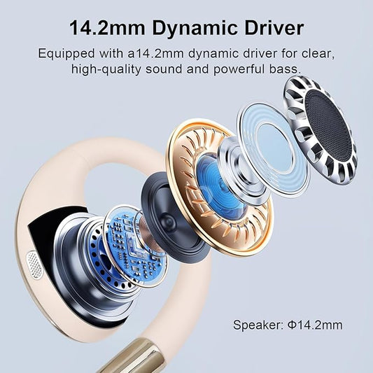 Open Ear Clip Wireless Earbuds Bone Conduction Headphones, Bluetooth 5.4,Open Ear Design,Built-in Mic, IPX5 Waterproof,LED Display Charging Case,Ear Hooks Ear Buds Design for Running Fitness ,Khaki 