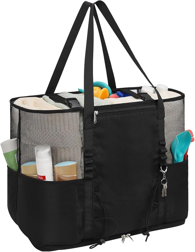 Mesh Beach Bag, Extra Large Beach Bags for Women, Lightweight Foldable Sandproof Tote Bag for Family & Vacation