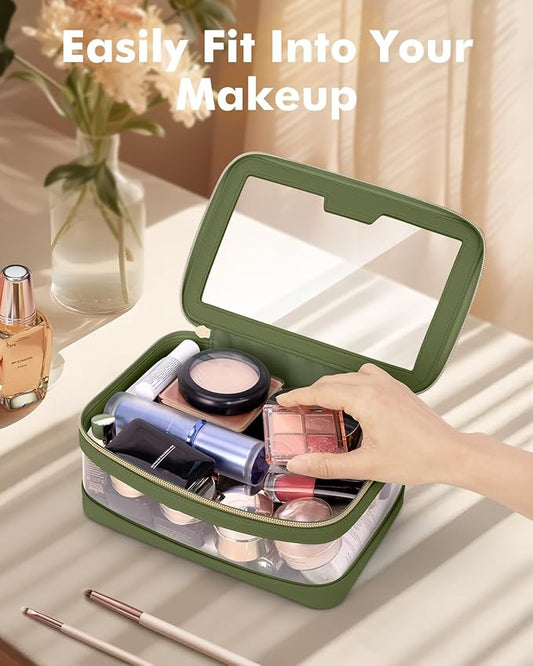 Travel Clear Makeup Bag with Makeup Brush Bag, Leather Makeup Case Toiletry Bag, Portable Cosmetic Bag Case, Transparent Waterproof Cosmetic Organizer Storage Bag for Women, Green