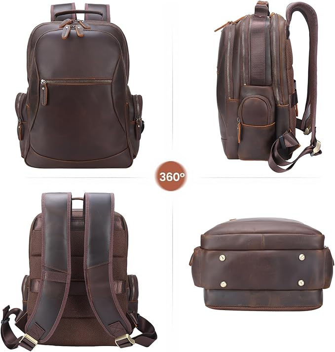 TIDING Vintage Full Grain Leather 15.6 Inch Laptop Backpack for Men Large Capacity Travel Rucksack Weekender Camping Daypacks