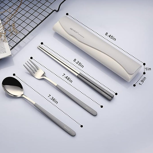 DEVICO Portable Travel Utensils with Case, Reusable Camping Silverware for Lunch, 18/8 Stainless Steel Cutlery Set (Gray)