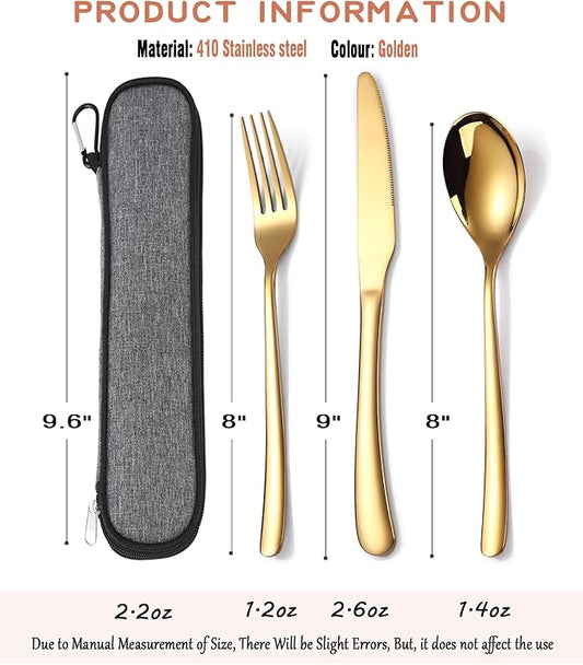 MURRI&MURRDI Stainless Steel Cutlery Set for 1, Reusable Flatware Set with Case, Cutlery Set for Work Stainless Steel Knife Fork Spoon Set 3 Piece (B- 3 Gold)