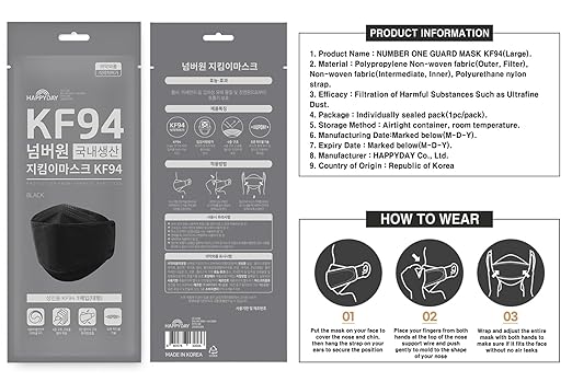 HAPPYDAY , 25 Packs, Made in KOREA Premium KF94 Micro Dust Protection Individually Packaged Black Face Mask Large