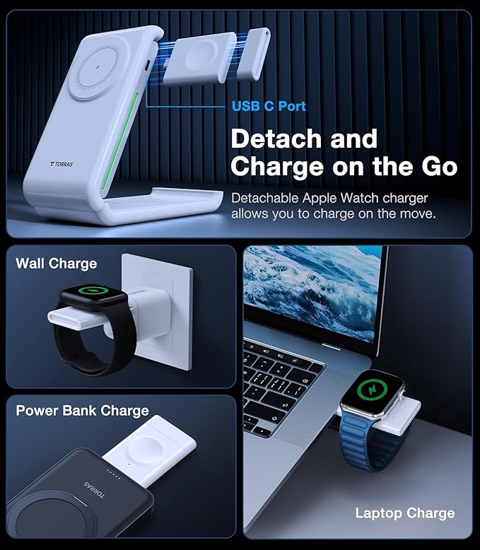 TORRAS 3 in 1 Charging Station with MagSafe Charger Stand, Cooling 15W Max Fast Charging, Foldable Wireless Charger for iPhone 15/14/13/12, Apple Watch S1-8/Ultra, AirPods(30W USB-C Charger Included)