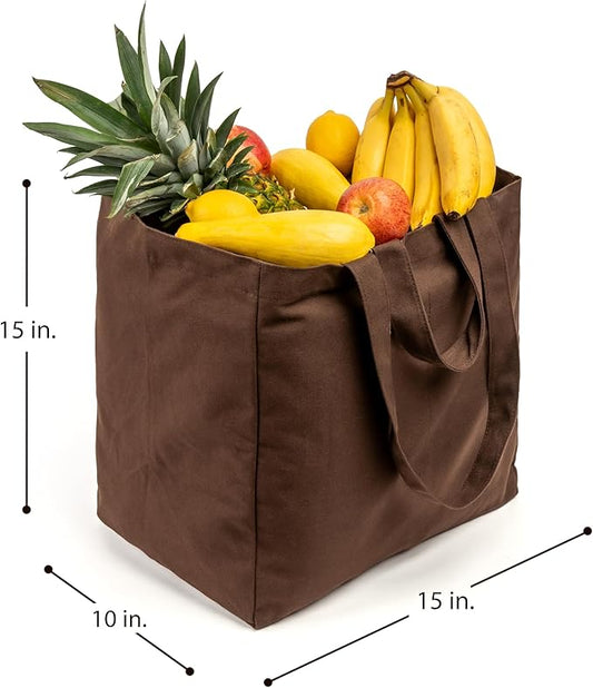 VeraMia Canvas Grocery Bag 3pc XL Set with Real Pockets, Long Shoulder Strap and Short Handle. Heavy Duty, Foldable, Washable