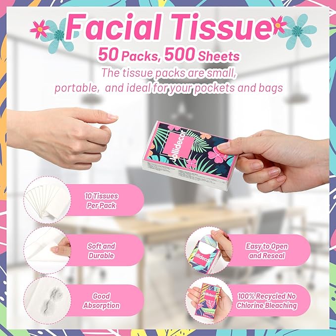 Jollidecor 50 Packs Soft Portable Tissues 4 Ply Pocket Facial Tissues Bulk 500 Sheets Travel Size Tissues Individual Strong and Absorbent Flower Style Tissue for Home Bag Pocket Car Wedding Gifts