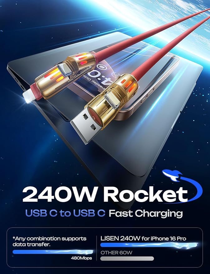 LISEN 240W Chubby USB C to USB C, 4 in 1 Charging Cable (6.6FT) with Light, USB A/C to C/L Multi Charging Cable for iPhone 16 15 14 Pro Max/MacBook/iPad Pro/SamSungS24,Red