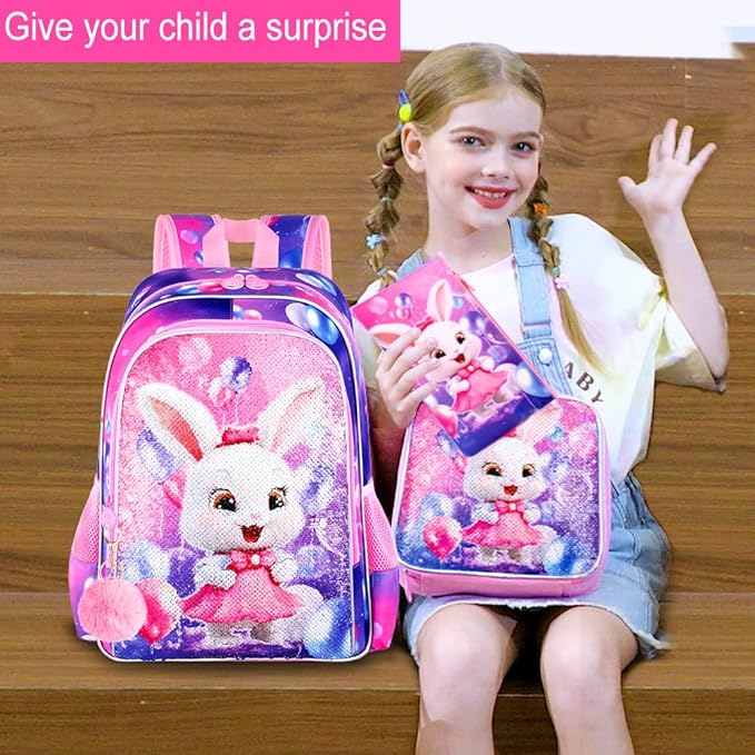 16" Bunny Backpack, 3Pcs Girls Sequin Bookbag for Elementary Preschool Kindergarten, Kids School Backpacks with Lunch Box(Pink)