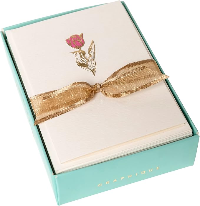 Graphique Tulip Cards | Pack of 10 Cards with Envelopes | Blank Inside | All Occasion Greetings | La Petite Presse Collection | Embossing and Gold Foil Accents | Boxed Set | 3.25" x 4.75"