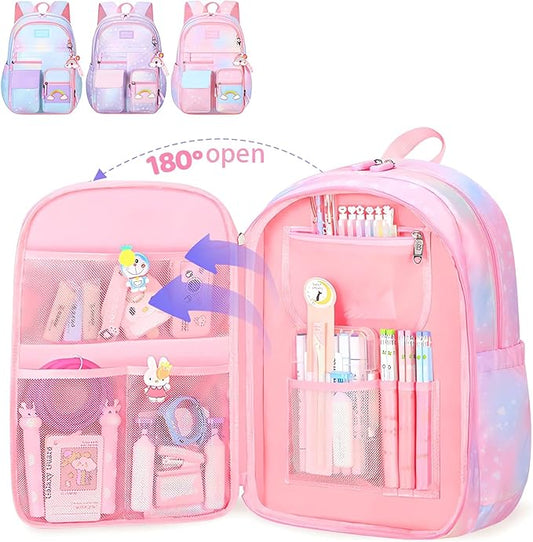 Girl Backpack for School Kids, Pink Cute Bookbag with Lunch Box Rainbow Elementary School Bag Pencil Case (Pink,3Pcs Set)