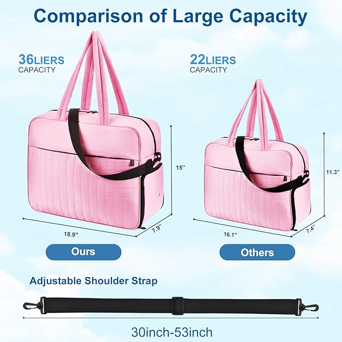 Felipe Varela Large Puffy Tote Bag, Gym Bags for Women with Shoe Compartment, Weekender Overnight Lightweight Carry on Puffer Duffle Bag for Travel (Pink,36L)